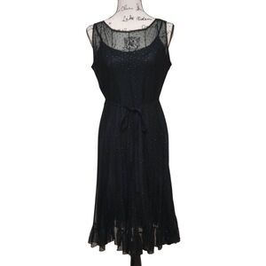 SANDRA DARREN Black Mesh Shimmer Overlay Waist Tie Ruffled Hem Midi Dress SIZE 6